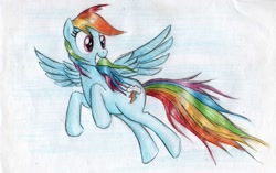 Size: 1027x645 | Tagged: safe, artist:magfen, rainbow dash, pegasus, pony, flying, grin, smiling, spread wings, traditional art