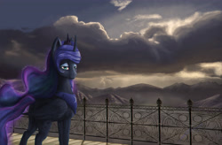 Size: 4230x2770 | Tagged: safe, artist:majorlaughmaster, princess luna, alicorn, pony, absurd resolution, balcony, cloud, crepuscular rays, looking back, mountain, mountain range, scenery, solo