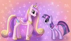 Size: 1496x876 | Tagged: safe, artist:angelofhapiness, princess cadance, twilight sparkle, alicorn, pony, unicorn, duo, duo female, female, females only, horn, mare, multicolored mane, pink coat, purple coat