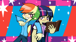 Size: 3840x2160 | Tagged: safe, artist:misterbrony, derpibooru import, rainbow dash, twilight sparkle, human, blushing, book, humanized, panty and stocking with garterbelt, reading, style emulation, wallpaper