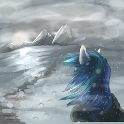 Size: 3000x3000 | Tagged: safe, artist:shimazun, shining armor, pony, unicorn, blizzard, male, rear view, snow, snowfall, solo, stallion