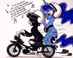 Size: 1697x1367 | Tagged: safe, artist:newyorkx3, princess luna, oc, oc:tommy junior, alicorn, earth pony, pony, colt, cute, duo, eyes closed, female, friends, helmet, little honda, male, mare, motorcycle, music notes, open mouth, simple background, singing, smiling, song reference, the beach boys, traditional art, white background