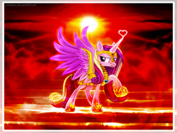 Size: 1344x1008 | Tagged: safe, artist:lova-gardelius, princess cadance, alicorn, pony, armor, badass, heart, raised hoof, solo, spread wings, sun