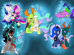 Size: 1024x768 | Tagged: safe, artist:andromedasparkz, king sombra, pharynx, princess cadance, princess celestia, princess ember, princess luna, queen chrysalis, shining armor, spike, thorax, alicorn, changedling, changeling, changeling queen, dragon, pony, unicorn, carrying, changedling brothers, chrysombra, emberspike, female, king thorax, lunarynx, male, prince pharynx, shiningcadance, shipping, straight, thoralestia