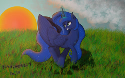 Size: 1680x1050 | Tagged: safe, artist:kirasunnight, princess luna, alicorn, pony, glowing horn, grass, solo, sunset