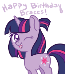 Size: 852x970 | Tagged: safe, artist:mcponyponypony, derpibooru import, twilight sparkle, alternate hairstyle, braces, happy birthday, simple background, solo, white background