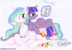 Size: 1294x900 | Tagged: safe, artist:foxxy-arts, derpibooru import, princess celestia, twilight sparkle, twilight sparkle (alicorn), alicorn, pony, season 5, female, mare, script, tea