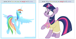 Size: 530x276 | Tagged: safe, rainbow dash, twilight sparkle, alicorn, pony, exploitable meme, juxtaposition, juxtaposition win, race swap, rainbowcorn