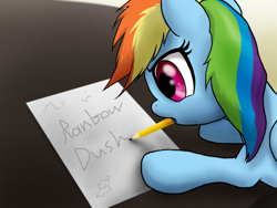 Size: 800x600 | Tagged: safe, artist:dawnmistpony, rainbow dash, pegasus, pony, fanfic:my little dashie, female, filly, filly rainbow dash, misspelling, mouth hold, pencil, solo, writing, younger