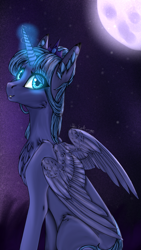 Size: 750x1334 | Tagged: safe, artist:nightstarss, artist:puppyowner39, princess luna, alicorn, pony, collaboration, glowing horn, looking back, moon, night, s1 luna, sitting, solo, spread wings, stars