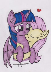 Size: 638x900 | Tagged: safe, artist:shikogo, derpibooru import, fluttershy, twilight sparkle, twilight sparkle (alicorn), alicorn, pegasus, pony, cuddling, cute, ear fluff, female, heart, inktober, lesbian, mare, shipping, snuggling, traditional art, twishy