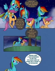 Size: 2511x3245 | Tagged: safe, artist:juanrock, rainbow dash, scootaloo, pegasus, pony, comic:element of loyalty, carrying, cloud, comic, cute, cutealoo, drinking, eyes closed, female, filly, flying, frown, goggles, grin, holding a pony, leaning, looking back, mare, night, open mouth, prone, raised eyebrow, raised hoof, scootalove, sky, smiling, smirk, spread wings, squee, stars, straw, water bottle, wings