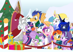 Size: 1050x742 | Tagged: safe, artist:dm29, flash sentry, princess cadance, princess celestia, princess flurry heart, princess luna, shining armor, spike, star swirl the bearded, starlight glimmer, sunburst, twilight sparkle, twilight sparkle (alicorn), alicorn, dragon, pegasus, pony, unicorn, :t, annoyed, christmas, christmas tree, clothes, costume, cute, eye contact, fangirl, female, flurry heart is not amused, flying, frown, glare, glasses, happy, hat, hearth's warming, holiday, hug, lidded eyes, looking at each other, luna is not amused, mare, open mouth, present, santa claus, santa costume, santa hat, scarf, scroll, sitting, smiling, spike is not amused, spread wings, sweater, swirlabetes, tree, twiabetes, unamused, wide eyes, wings