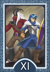 Size: 1200x1728 | Tagged: safe, artist:howxu, lord tirek, shining armor, anthro, human, armor, boots, horn, humanized, roman numerals, shield, shoes, tarot, tarot card