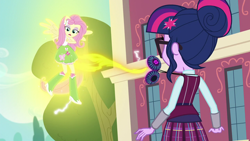 Size: 1280x720 | Tagged: safe, derpibooru import, screencap, fluttershy, sci-twi, twilight sparkle, equestria girls, friendship games, levitation, magic capture device, magic theft, ponied up