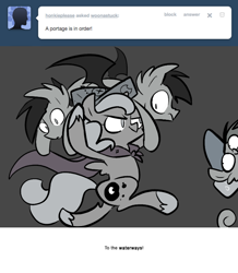 Size: 666x763 | Tagged: safe, artist:egophiliac, princess luna, oc, oc:danger mcsteele, oc:frolicsome meadowlark, oc:sunshine smiles (egophiliac), bat pony, pony, sea pony, bat pony canoe, cartographer's cap, filly, grayscale, hat, marauder's mantle, monochrome, moonstuck, tumblr, tumblr comic, woona, woonoggles, younger