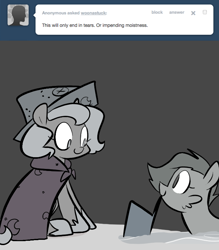Size: 666x762 | Tagged: safe, artist:egophiliac, princess luna, oc, oc:danger mcsteele, alicorn, pony, sea pony, cartographer's cap, filly, grayscale, hat, marauder's mantle, monochrome, moonstuck, mouth hold, sand, tumblr, tumblr comic, woona, younger