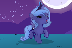 Size: 6000x4000 | Tagged: safe, artist:spottedlions, princess luna, alicorn, pony, absurd resolution, cute, eyes closed, filly, lunabetes, moon, night, raised hoof, solo, stars, woona, younger