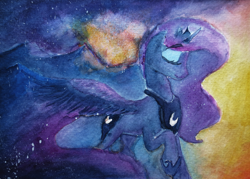 Size: 1400x1000 | Tagged: safe, artist:lollipony, princess luna, alicorn, pony, eyes closed, female, mare, mountain, mountain range, raised hoof, solo, spread wings, stars, traditional art, twilight (astronomy), watercolor painting, wings