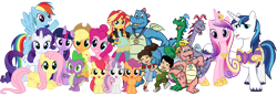 Size: 2058x717 | Tagged: safe, apple bloom, applejack, fluttershy, pinkie pie, princess cadance, rainbow dash, rarity, scootaloo, shining armor, spike, sunset shimmer, sweetie belle, twilight sparkle, twilight sparkle (alicorn), alicorn, dragon, human, cassie (dragontales), crossover, dem feels, dragon tales, emmy, hilarious in hindsight, lol, mane six, max, ord, simple background, transparent background, vector, xp, zak and wheezie
