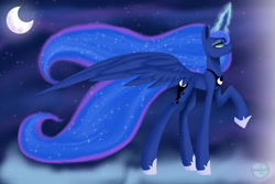 Size: 1500x1000 | Tagged: safe, artist:enderendra, princess luna, alicorn, pony, female, glowing horn, mare, moon, night, raised hoof, solo, spread wings, stars