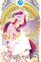 Size: 1024x1536 | Tagged: safe, artist:monsieurwilliam, princess cadance, alicorn, pony, clothes, dress, eyes closed, modern art, nouveau, rearing, solo, spread wings