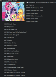 Size: 622x856 | Tagged: safe, derpibooru import, applejack, fluttershy, pinkie pie, rainbow dash, rarity, twilight sparkle, earth pony, pegasus, pony, unicorn, spoiler:s06, /mlp/, 4chan, episode titles, fake, mane six, ponies, text