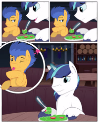 Size: 2400x3000 | Tagged: safe, artist:regolithart, flash sentry, shining armor, pony, unicorn, comic:double date, :3, :p, bedroom eyes, comic, flirting, food, fork, frown, gay, glowing horn, heart, implied infidelity, levitation, magic, male, nervous, one eye closed, restaurant, salad, shiningsentry, shipping, silly, sitting, smiling, telekinesis, tongue out, unshorn fetlocks, wavy mouth, wink