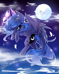 Size: 2000x2500 | Tagged: safe, artist:panchie001, princess luna, alicorn, butterfly, pony, flower, flower in hair, flying, moon, solo