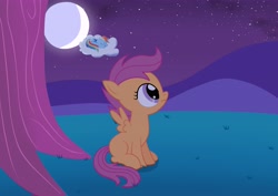 Size: 4244x3000 | Tagged: safe, artist:birdco, rainbow dash, scootaloo, pegasus, pony, cloud, duo, moon, night, sleeping, stars