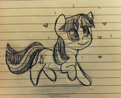 Size: 1189x956 | Tagged: safe, artist:estrill, derpibooru import, twilight sparkle, blushing, heart, lined paper, monochrome, sketch, smiling, solo, traditional art