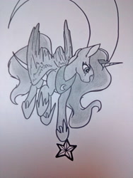 Size: 3120x4160 | Tagged: safe, artist:themissblacky, princess luna, alicorn, pony, absurd resolution, color correction, crescent moon, looking at something, looking down, monochrome, moon, raised hoof, solo, stars, tangible heavenly object, traditional art