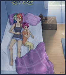 Size: 3670x4160 | Tagged: safe, artist:missangest, rainbow dash, scootaloo, human, barefoot, clothes, content, cuddling, cute, feet, happy, humanized, pajamas, scootalove, sleeping, smiling