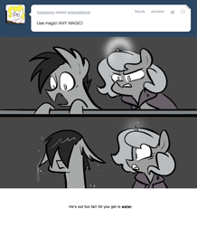 Size: 666x763 | Tagged: safe, artist:egophiliac, princess luna, oc, oc:frolicsome meadowlark, bat pony, pony, filly, grayscale, magic, marauder's mantle, monochrome, moonstuck, tumblr, tumblr comic, wet mane, woona, younger