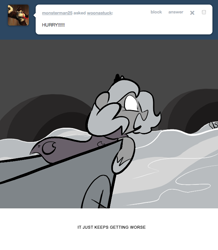 Size: 666x763 | Tagged: safe, artist:egophiliac, princess luna, oc, oc:sunshine smiles (egophiliac), bat pony, pony, cartographer's hat-boat, drowning, filly, grayscale, marauder's mantle, monochrome, moonstuck, tumblr, tumblr comic, water, woona, younger