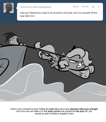 Size: 666x763 | Tagged: safe, artist:egophiliac, princess luna, oc, oc:frolicsome meadowlark, bat pony, pony, baby blanket, cartographer's hat-boat, filly, flying, grayscale, monochrome, moonstuck, tumblr, tumblr comic, water, woona, younger