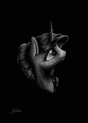 Size: 3000x4200 | Tagged: safe, artist:lollipony, princess cadance, alicorn, pony, bust, female, grayscale, mare, monochrome, portrait, simple background, solo, traditional art