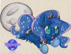 Size: 3300x2496 | Tagged: safe, artist:ksapphire8989, princess luna, alicorn, pony, chibi, colored pencil drawing, moon, simple background, solo, traditional art