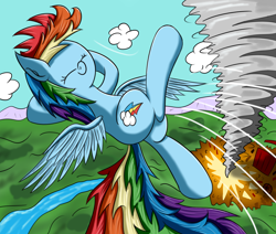 Size: 1300x1100 | Tagged: safe, artist:ziemniax, rainbow dash, pegasus, pony, blue coat, female, hooves behind head, mare, multicolored mane, solo, tornado