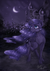 Size: 1600x2263 | Tagged: safe, artist:pastelpupils, princess luna, alicorn, pony, castle, moon, night, raised hoof, solo, stars