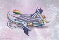 Size: 1821x1249 | Tagged: safe, artist:floravola, rainbow dash, soarin', dragon, dragonified, female, male, purple background, rainbow dragon, shipping, simple background, soarindash, species swap, straight