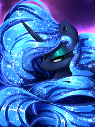 Size: 1800x2400 | Tagged: safe, artist:madacon, princess luna, alicorn, pony, beautiful, color porn, eyeshadow, glowing mane, lidded eyes, long mane, looking at something, makeup, missing accessory, serious, serious face, solo, stars