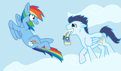 Size: 1024x603 | Tagged: safe, artist:anetopachy, rainbow dash, soarin', pegasus, pony, female, male, shipping, soarindash, straight, wonderbolts uniform