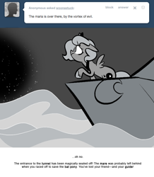 Size: 666x763 | Tagged: safe, artist:egophiliac, princess luna, alicorn, pony, cartographer's hat-boat, filly, grayscale, monochrome, moonstuck, raised hoof, solo, tumblr, tumblr comic, vortex, water, woona, younger