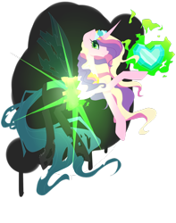 Size: 1024x1299 | Tagged: safe, artist:pinkiecitrine, princess cadance, queen chrysalis, alicorn, changeling, changeling queen, pony, character to character, crystal heart, disguise, disguised changeling, fake cadance, magic, shapeshifting, solo, telekinesis