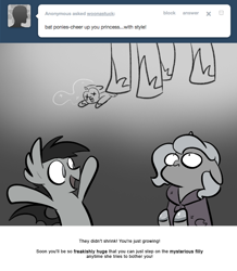 Size: 666x763 | Tagged: safe, artist:egophiliac, princess luna, oc, oc:frolicsome meadowlark, bat pony, pony, clothes, dark woona, filly, grayscale, imagine spot, macro, monochrome, moonstuck, socks, tumblr, tumblr comic, woona, woonoggles, x eyes, younger