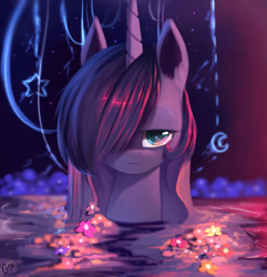 Size: 1543x1600 | Tagged: safe, artist:gianghanz, princess luna, alicorn, pony, crescent moon, flower, hair over one eye, lidded eyes, looking at you, missing accessory, moon, solo, stars, wet mane