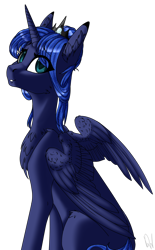 Size: 1024x1656 | Tagged: safe, artist:drawitwriteit, artist:nightstarss, princess luna, alicorn, pony, collaboration, alternate hairstyle, chest fluff, ear fluff, female, looking back, s1 luna, simple background, solo, spread wings, transparent background