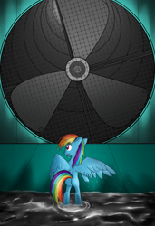 Size: 1024x1500 | Tagged: safe, artist:jphyperx, rainbow dash, pegasus, pony, fanfic:rainbow factory, bipedal, fan, female, mare, solo, unamused, wet, wet mane