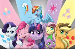 Size: 3275x2150 | Tagged: safe, artist:voxelfyre, derpibooru import, applejack, fluttershy, pinkie pie, rainbow dash, rarity, spike, twilight sparkle, dragon, earth pony, pegasus, pony, unicorn, cute, cutie mark, eyes closed, group photo, high res, mane seven, mane six, missing freckles, smiling, wink